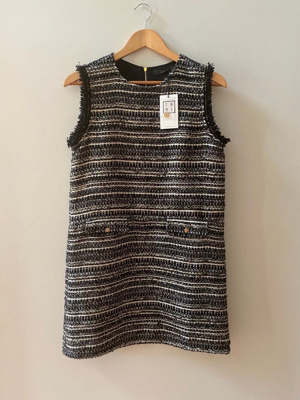 THML Tweed Shift Dress NWT Women's Small Black White Fringe
